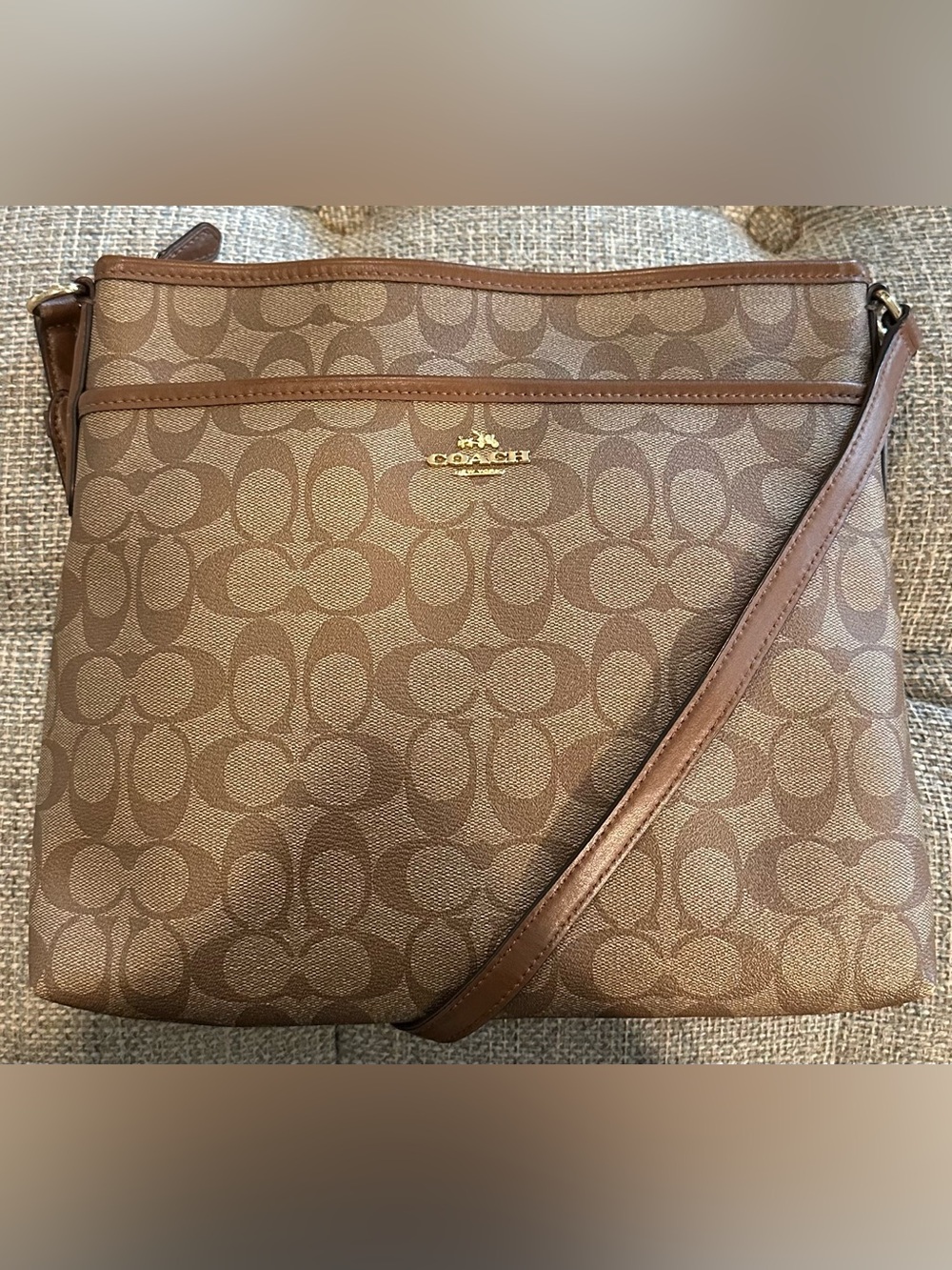 Coach Signature File Adjustable Crossbody Bag Khaki Brown PVC Leather Trim EUC